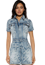 Load image into Gallery viewer, Cross Me Short Sleeve Mini Denim Dress