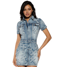 Load image into Gallery viewer, Cross Me Short Sleeve Mini Denim Dress
