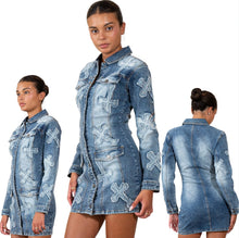 Load image into Gallery viewer, Cross Me Baddie Denim Long Sleeve Mini Dress
