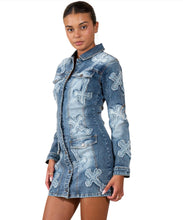 Load image into Gallery viewer, Cross Me Baddie Denim Long Sleeve Mini Dress
